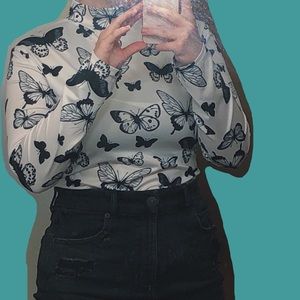 butterfly print long sleeve turtle neck top
